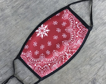 Red Bandana Face Mask, Reusable Cotton Face Mask With Elastic Ear Loop, Adjustable Ear Loop, Vivid Full Color Design, Decorated in USA
