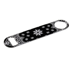 Black Bandana Paddle Bottle Opener, Powder Coated, Stainless Steel, Professional Bartender Opener, Full Color Design, Decorated in USA