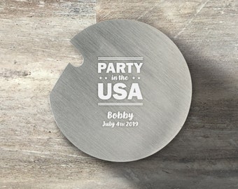 Patriotic Gift, Personalized Round Beverage Coaster With Bottle Opener, Set of 6, Stainless Steel, Cork Grip, July 4, Independence Day, USA
