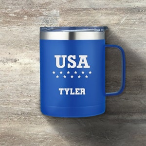 Patriotic Tumbler, Personalized Stainless Steel Coffee Camper Mug, 14 Ounce, Double Wall Insulated, July 4th, Independence Day, USA, Murica