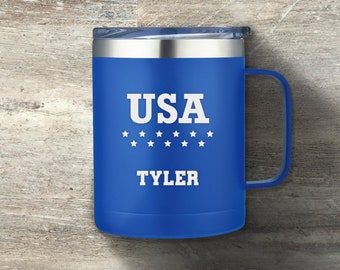 Patriotic Tumbler, Personalized Stainless Steel Coffee Camper Mug, 14 Ounce, Double Wall Insulated, July 4th, Independence Day, USA, Murica