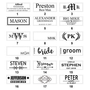 May include: A collection of rectangular designs with various names and phrases in black font. Some include dates, titles like "Best Man" and "Groomsman", and decorative elements. The designs are likely for personalized gifts.