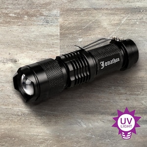 Groomsman Gift, Personalized Ultraviolet (UV) LED Flashlight, Tactical Black, Custom Engraved, Wedding Gift, Bridal Party, Bachelor Party