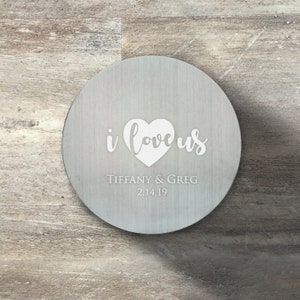 Valentine&#39;s Day Gift, Personalized Round Beverage Coaster, Set of 6, Stainless Steel, Cork Grip, Gift For Her, Gift For Him, Anniversary