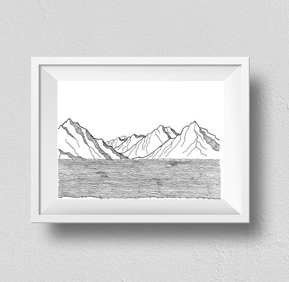 Mountain Sea Print Landscape Sketch Simple Landscape Contemporary Ink Art Mountain House Decor Modern Nature Poster Mountain Range