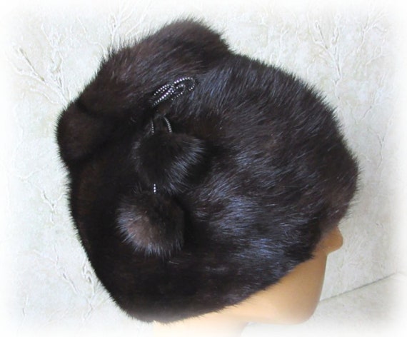Vintage 90s Women Mink Hat Winter Fur Hat Black Mi