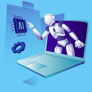 May include: A white robot with blue accents emerges from a laptop screen, pointing at a blue and white computer chip with the letters "AI" on it. A blue gear is floating in the background.