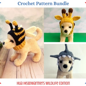 Könnte beinhalten: Häkelmuster-Paket zum Herstellen von Kopfbedeckungen für Hunde. Die Muster umfassen ein Bienen-, Giraffen- und Hai-Design. Die Muster heißen "Hua Headwarmers Wildlife Edition".
