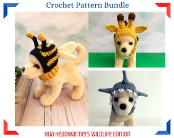 Crochet Pattern Bundle, 3 Pattern Bundle, Hua Headwarmer Pattern Bundle, Dog Hat Pattern Bundle