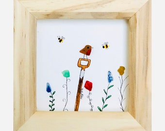 Framed Pebble Art, Gardening Gift, Robin on Spade