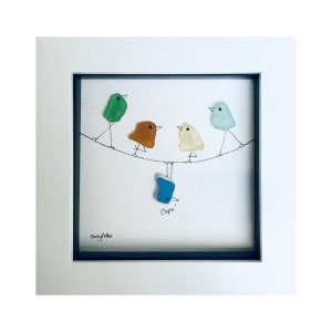 Sea glass birds, Pebble Art Birds,  Bird Picture, Birds on a wire, Beach art, Home Decor, Sea Glass Art, Beach glass, Friend gift, Unique