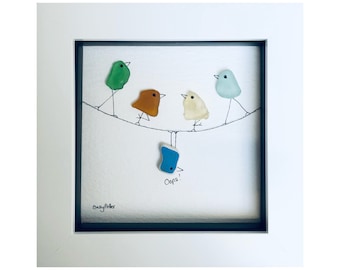 Sea glass birds, Pebble Art Birds,  Bird Picture, Birds on a wire, Beach art, Home Decor, Sea Glass Art, Beach glass, Friend gift, Unique