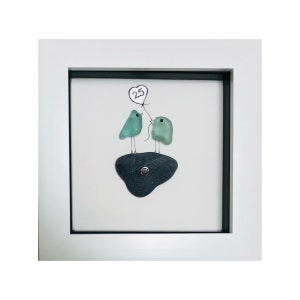 25th Anniversary Pebble Art – Silver Wedding Gift - Sea Glass Birds -