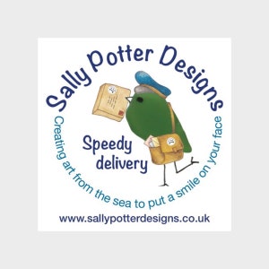 Pode incluir: Um logotipo caprichoso com um pássaro verde usando um chapéu azul e carregando correspondência. O texto diz "Sally Potter Designs" e "Speedy delivery". O design inclui o endereço do site www.sallypotterdesigns.co.uk.