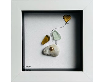 50th Anniversary Picture, Gold Wedding Anniversary, Gold Anniversary Gift,  Pebble Art Picture, Couple Anniversary Gift with golden heart