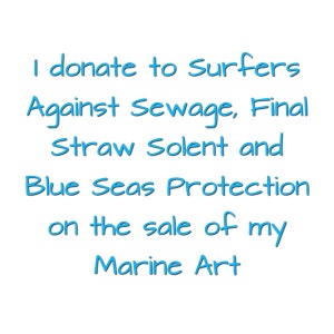Può includere: Sfondo bianco con testo blu: "Donerò a Surfers Against Sewage, Final Straw Solent e Blue Seas Protection sulla vendita della mia Arte Marina."