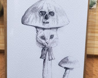 Surrealistische kattenwenskaart met paddenstoel