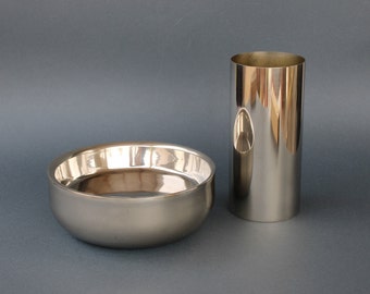 Vintage steel bowl and vase set signed VM Designer