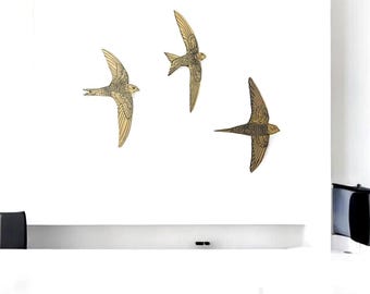 Gold Flying Swift Wall Art: Laser Engraved Wood Bird Decor, Set of 3