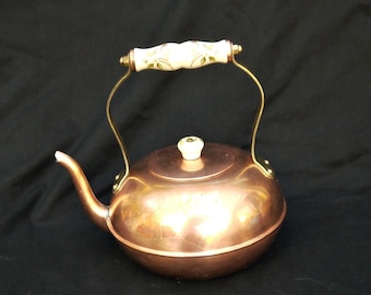 old copper and brass  kettle vintage French style copper brass and ceramic kettle Victorian style kettle large size 2 liters