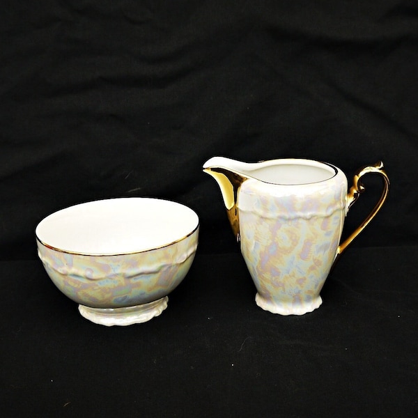 Czechoslovakia lustre set sugar bowl and milk jug vintage bone china creamer and sugar bowl golden 24k and lustre pearl and golden