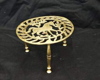 Antique Brass Trivet: Ornate Horse & Leaves Design