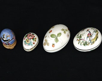 trinket box egg vintage porcelain egg marked bone china egg small wood Chinese egg with stand