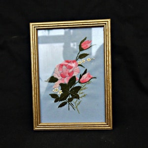 hand embroidered picture of flower rose framed vintage embroidered flower wood golden framed ornate hand made picture flower stand  hanging