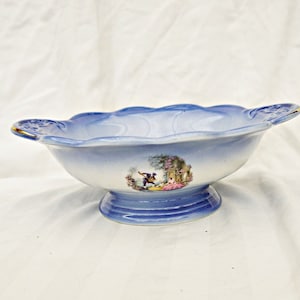 vintage Staffordshire bowl large bowl with handle ornate romantic scene blue and white large bowl based shaded embossed wavy edges