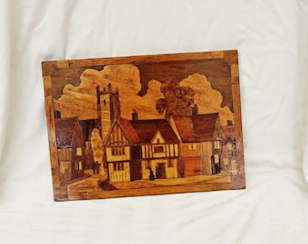 Placa de madera de marquetería vintage: arte mural con incrustaciones de paisaje urbano