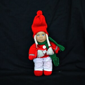 vintage porcelain and stuffed Christmas doll  hand knit dressed red and white collectors doll Christmas doll display Norwegian doll