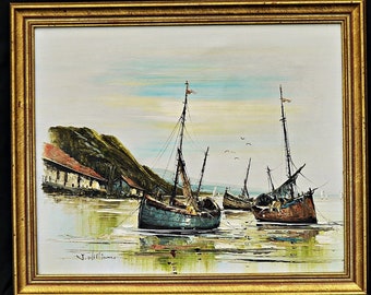 J. Williams Öl auf Leinwand Vintage Original Ölgemälde Sea Bay Schiffe signiert großen Impressionist auf golden gerahmten Holzszene Textur