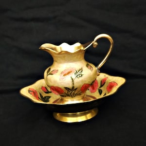vintage brass pitcher and wash bowl jug and washing bowl solid brass ornate enamel flowers wash basin & water hand painted pitcher jug  bowl