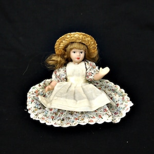 Vintage small porcelain doll Collectible porcelain doll bisque flora dress  straw hat Whole porcelain doll  Mini doll collectors doll