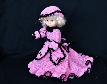 vtg plastic doll fashion handmade crocheted dress and hat pink black and hat hand made frills dress 4 parts dress 70s plastic doll vanity