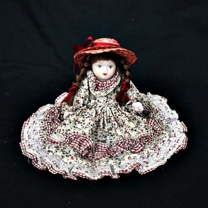 Vintage small porcelain doll Collectible porcelain doll bisque flora dress straw hat braids Whole porcelain doll  Mini doll collectors doll
