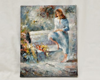 Peinture à l'huile originale vintage femme banc fleurs signée impressionniste taille moyenne des années 80 scène romantique