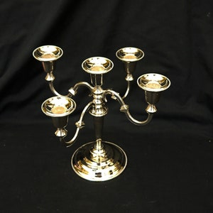 vintage silver plate E.P. zinc candelabra for five candles  silver candelabra ornate marked  England candle holders on pedestal centre decor