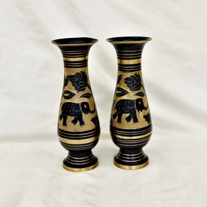 set 2 x brass vase vintage hand etched black and gold vases Indian art vases brass enamel black vases hand engraved elephant duck flowers