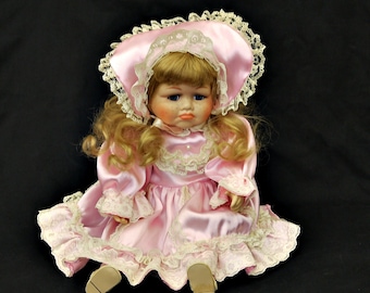 Vintage Porcelain Baby Doll: Pink Lace Dress, Blonde Hair (10