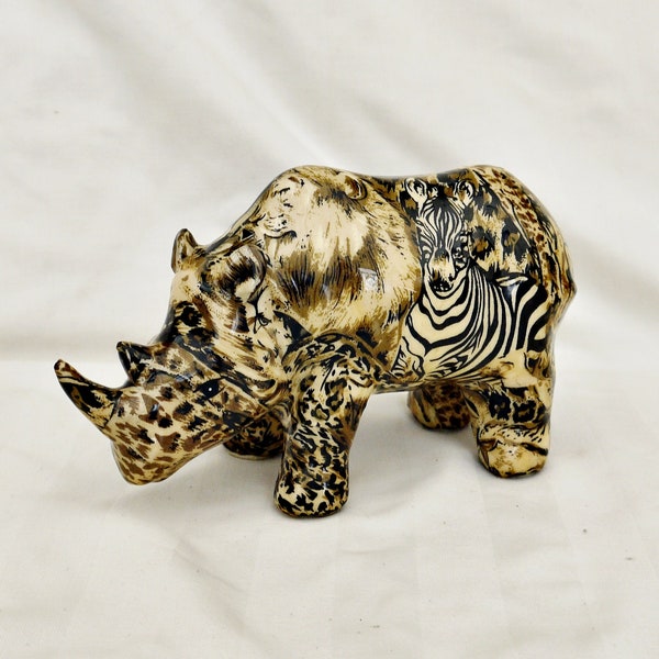 vintage La Vie Collage Safari figurine rhinoceros decoupage animal African glazed ceramic statue animal large rhino collectors art studio