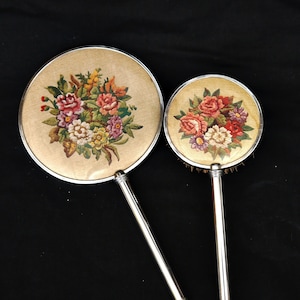 vintage set mirror and brush Victorian style vanity dressing table petit point 2 psc dressing table mirror brush embroidered flowers