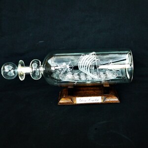 Hand Blow Ship in Glass Bottle With Wood Stand Vintage Viking