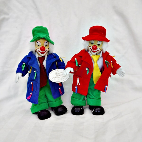 vintage art doll clown porcelain clown collectors The Leonardo tags collection hand painted hand made wearing a tie chat