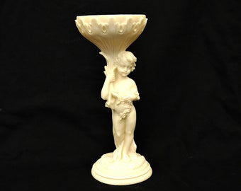 Bougeoir vintage ou le socle bouquet de fleurs avec putti ange statue chérubin albâtre Faro figurine enfant ange avec bolDécoration française