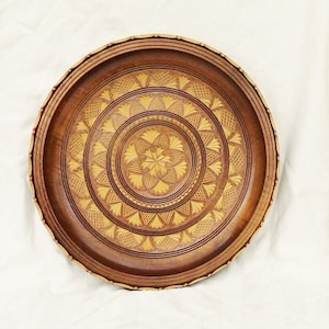 very large carved wooden tray plate  vintage carved wood wall tray display large circle natural wood plate ornate engraved wall decor unique