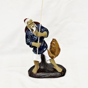 vintage large Shiwan Mudman Chinese figurine man fisherman sculpture clay glaze figurine Shiwan Mudman  oriental art figurine ceramic signed