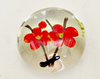 Vintage Art Glass Paperweight: Hand Blown Red Flowers