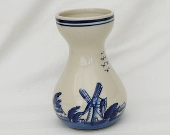 ceramic vase blue and white vintage vase hand painted Holland scene folk Netherlands  ceramic vase with hand painted landscape