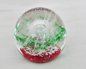 Vintage Hand Blown Art Glass Paperweight: Red, Green, White (3")